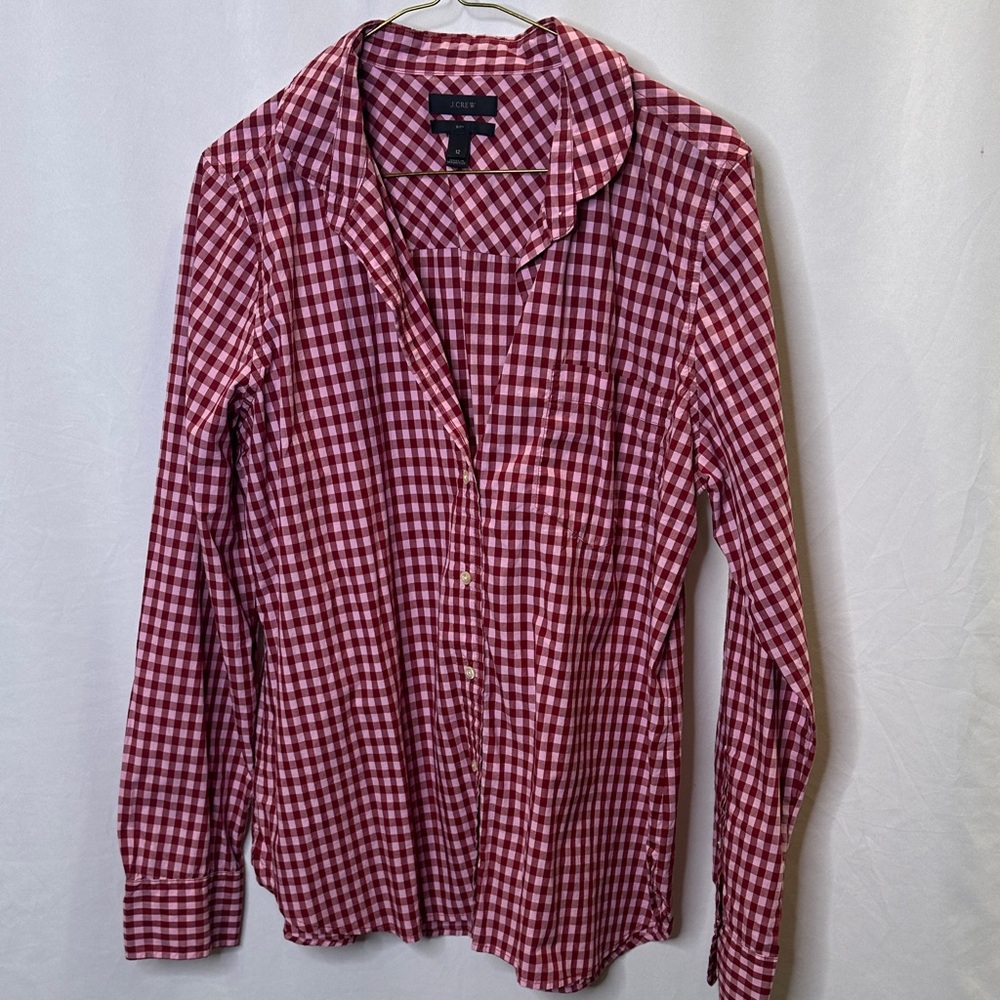 J. Crew Boy shirt in pink and burgundy check.  Button front.  Size 12. VGUC